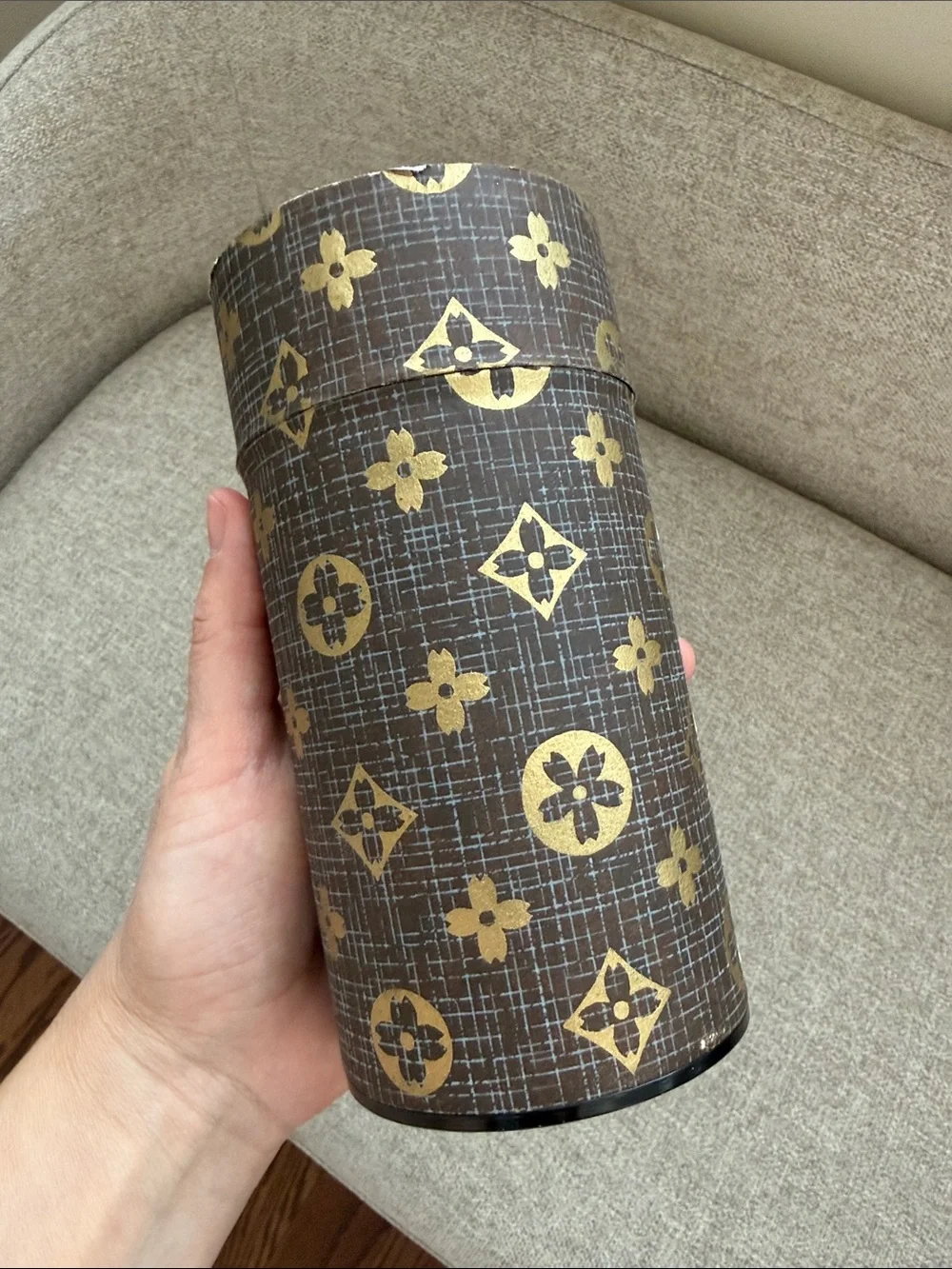 Monogrammed Cylindrical Case Metal Canister in Brown and Gold